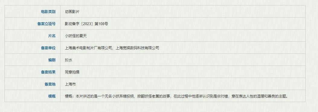 《小妖怪的夏天》：中国奇谭系列衍生动画电影备案并获批