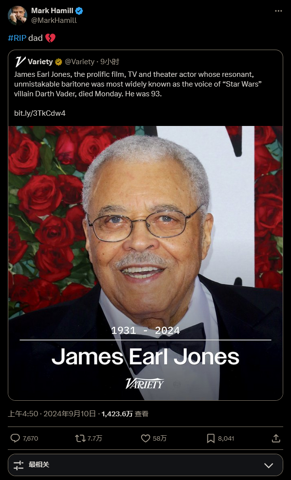 《星球大战》中达斯·维达配音演员和《狮子王》中木法沙配音演员去世