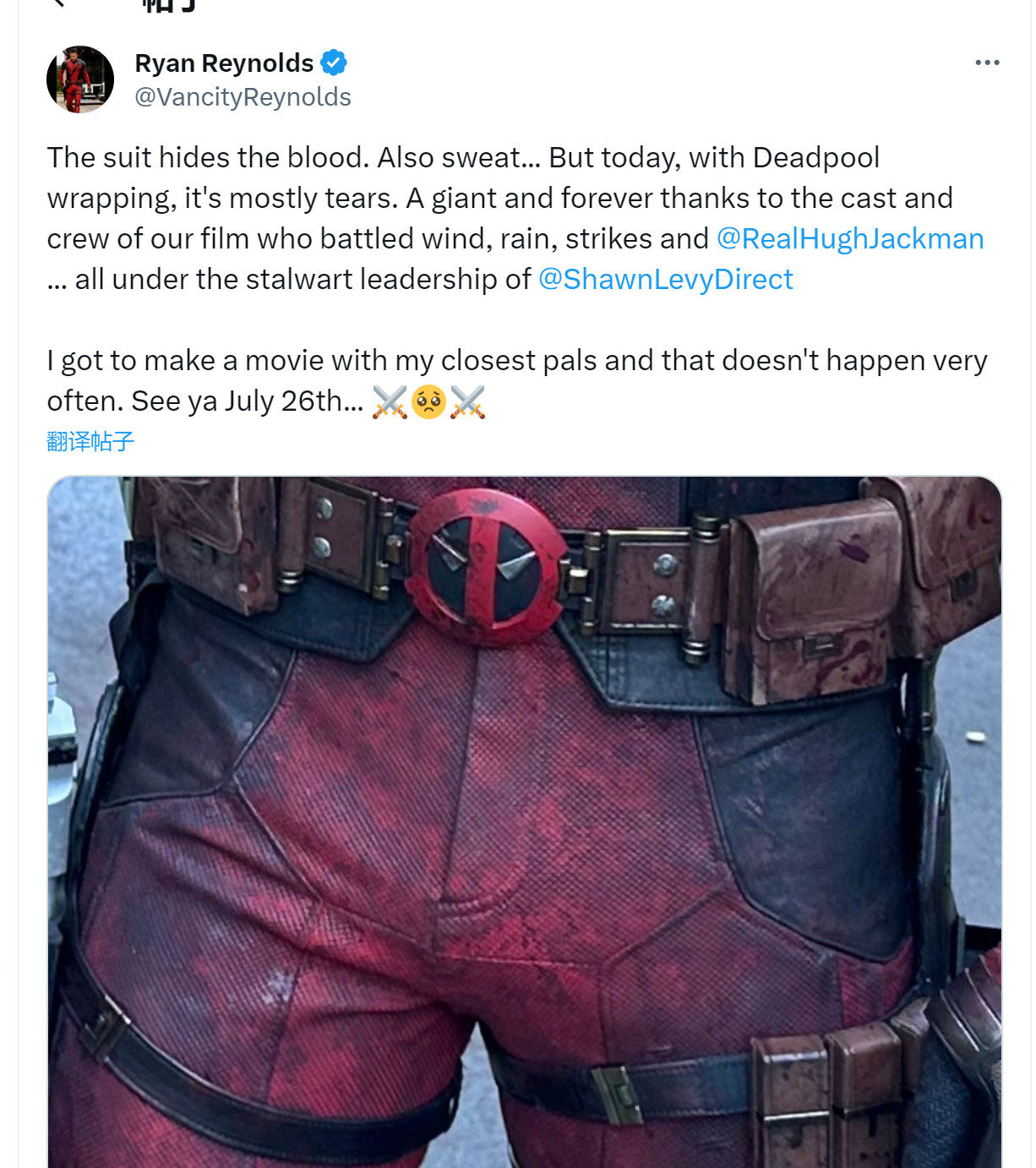 《死侍3》电影已完成拍摄 今年7月26日上映