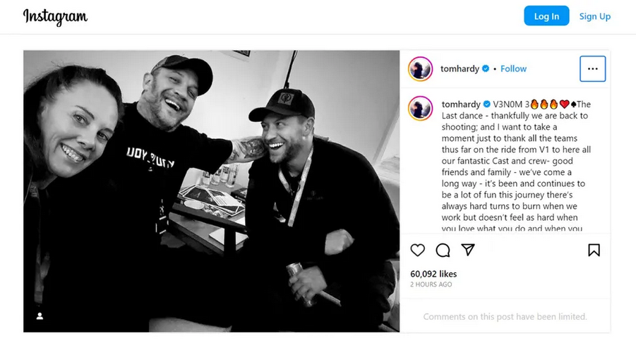 汤姆·哈迪表达对《毒液3》剧组的感激之情，宣布电影已正式复拍