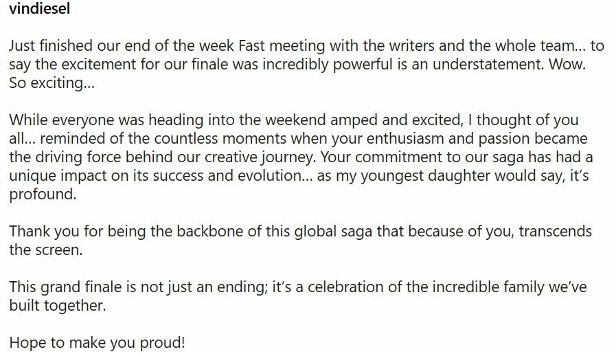 范迪塞尔透露：《速度与激情》将迎来波澜壮阔的终章